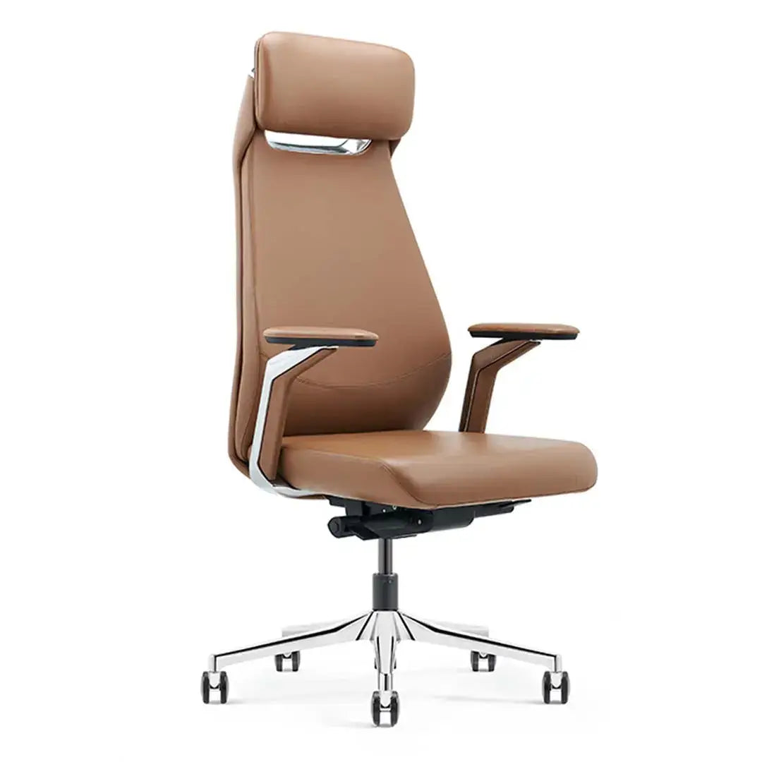 High back office chair brown tan leather with chrome armrests and base for executive office use model gw-1802-a