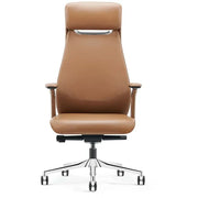High back office chair brown tan leather executive design with chrome base and casters for office use