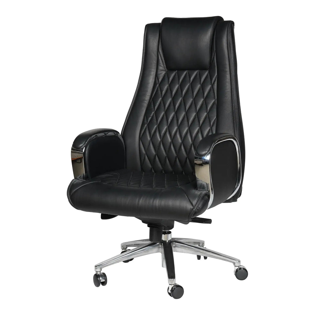 High back office chair in black leather with quilted diamond pattern and chrome armrests and base for executives