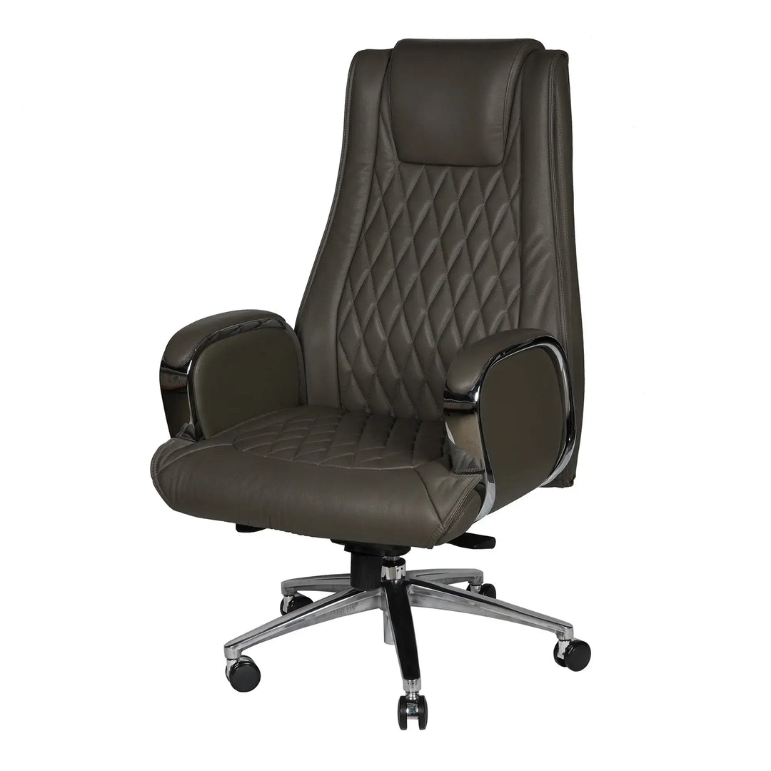 High back office chair white with dark olive green leather diamond quilted upholstery and chrome armrests