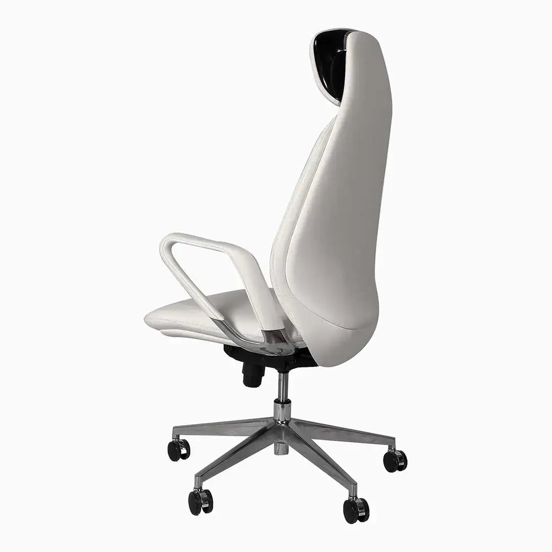 High back office chair in white leather with black accents and chrome base for office use