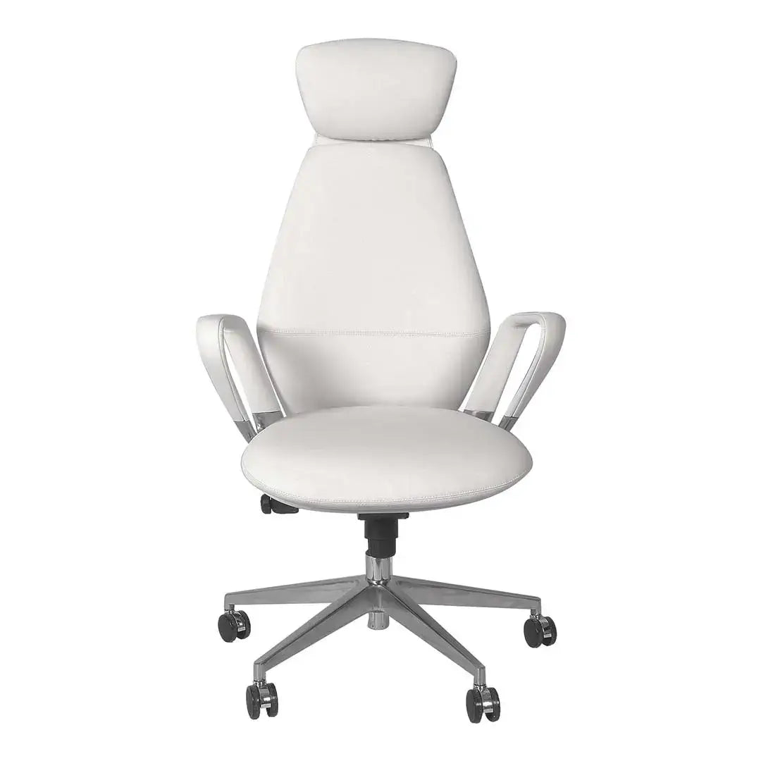 White leather high back office chair with chrome base and casters for ergonomic workspace seating