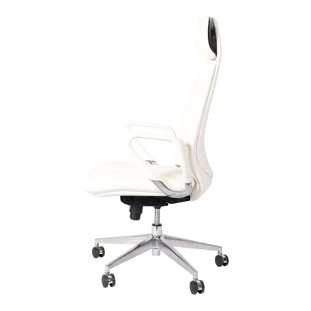 High back office chair in white leather with chrome base and black accents designed for office use