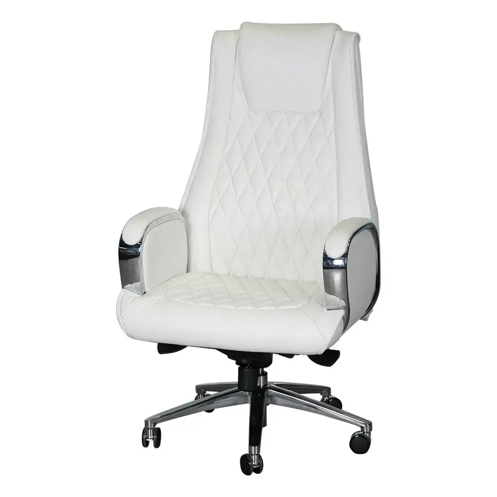 High back office chair in white quilted leather with chrome accents and a five-star base for executive use