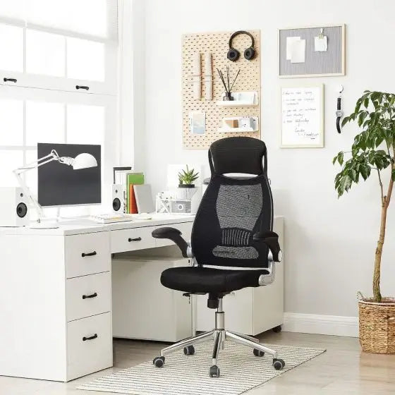 High Back Office Mesh Chair Swivel Adjustable Chair Mesh Backrest with Headrest and Flip Up Armrests Chair Black for Home, Office, Study Room-GCC Home Center