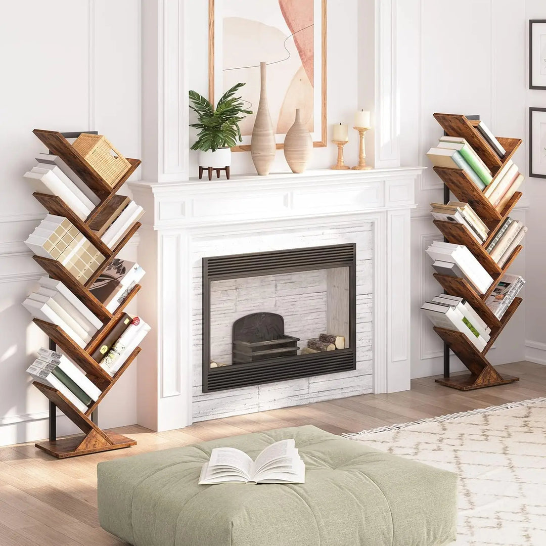 HOOBRO Floor Standing Tree Bookshelf, 9 Tier Tree Bookcase Shelves Wooden, Freestanding Office Bookcase Storage Organizer for Living Room, Bedroom, Tall Wood Bookshelf, Rustic Brown EBF08SJ01G1