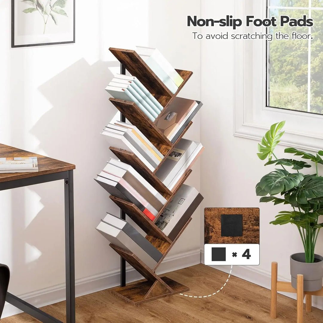 HOOBRO Floor Standing Tree Bookshelf, 9 Tier Tree Bookcase Shelves Wooden, Freestanding Office Bookcase Storage Organizer for Living Room, Bedroom, Tall Wood Bookshelf, Rustic Brown EBF08SJ01G1