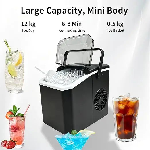 Ice Cube Maker Machine Countertop, Quick Bullet Ice 6 Mins | 12KG Daily Output, 2 Ice Sizes, Self-Cleaning Portable Ice Maker with Accessories for Home, Office, Bar, RV