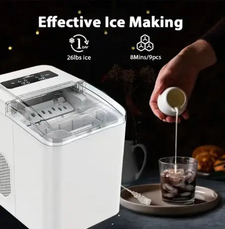Ice Maker Countertop, Mini Portable Ice Machine, 8 Bullet Ice in 6 Mins, 12KG/Day, 2 Ice Sizes, Self-Cleaning, Energy Saving, Compact for Small Space, Kitchen, Office, RV, Party