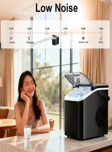 Ice Maker Countertop, Self Cleaning Ice Machine with Handle, Ice Scoop and Basket, 9 Ice Cubes Ready in 6 Mins, 2 Sizes of Ice Cubes, Low voice, Ice Maker for Home, Kitchen, Office, Party, Black