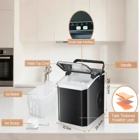 Ice Maker Countertop, Self Cleaning Ice Machine with Handle, Ice Scoop and Basket, 9 Ice Cubes Ready in 6 Mins, 2 Sizes of Ice Cubes, Low voice, Ice Maker for Home, Kitchen, Office, Party, Black