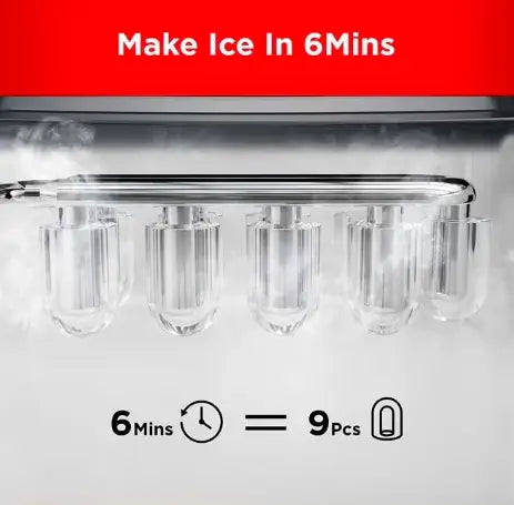 Ice Makers Countertop, 9 Cubes Ready in 6 Mins, 26lbs in 24Hrs, Self-Cleaning Ice Machine with Ice Scoop and Basket, 2 Sizes of Bullet Ice for Home Kitchen Office Bar Party