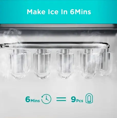 Ice Makers Countertop, 9 Cubes Ready in 6 Mins, 26lbs in 24Hrs, Self-Cleaning Ice Machine with Ice Scoop and Basket, 2 Sizes of Bullet Ice for Home Kitchen Office Bar Party