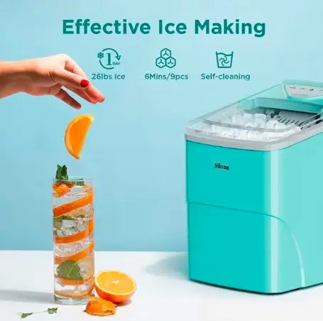 Ice Makers Countertop, 9 Cubes Ready in 6 Mins, 26lbs in 24Hrs, Self-Cleaning Ice Machine with Ice Scoop and Basket, 2 Sizes of Bullet Ice for Home Kitchen Office Bar Party