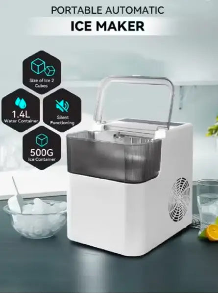 Ice Making Machine, Portable Countertop Automatic Bullet Ice Cube Maker with 1.4L Water Tank, Makes 9 Cubes in 6 to 8 Minutes, Self-Cleaning, 12KG/24H for Home, Office, Kitchen, Party, UK Plug