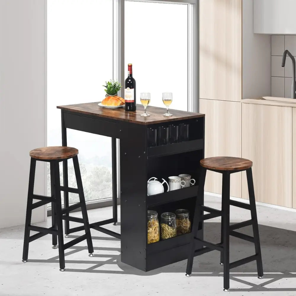 Industrial Style Multifunctional Bar Table with Stools and Storage Shelves – Space-Saving Dining and Kitchen Pub Furniture-GCC Home Center