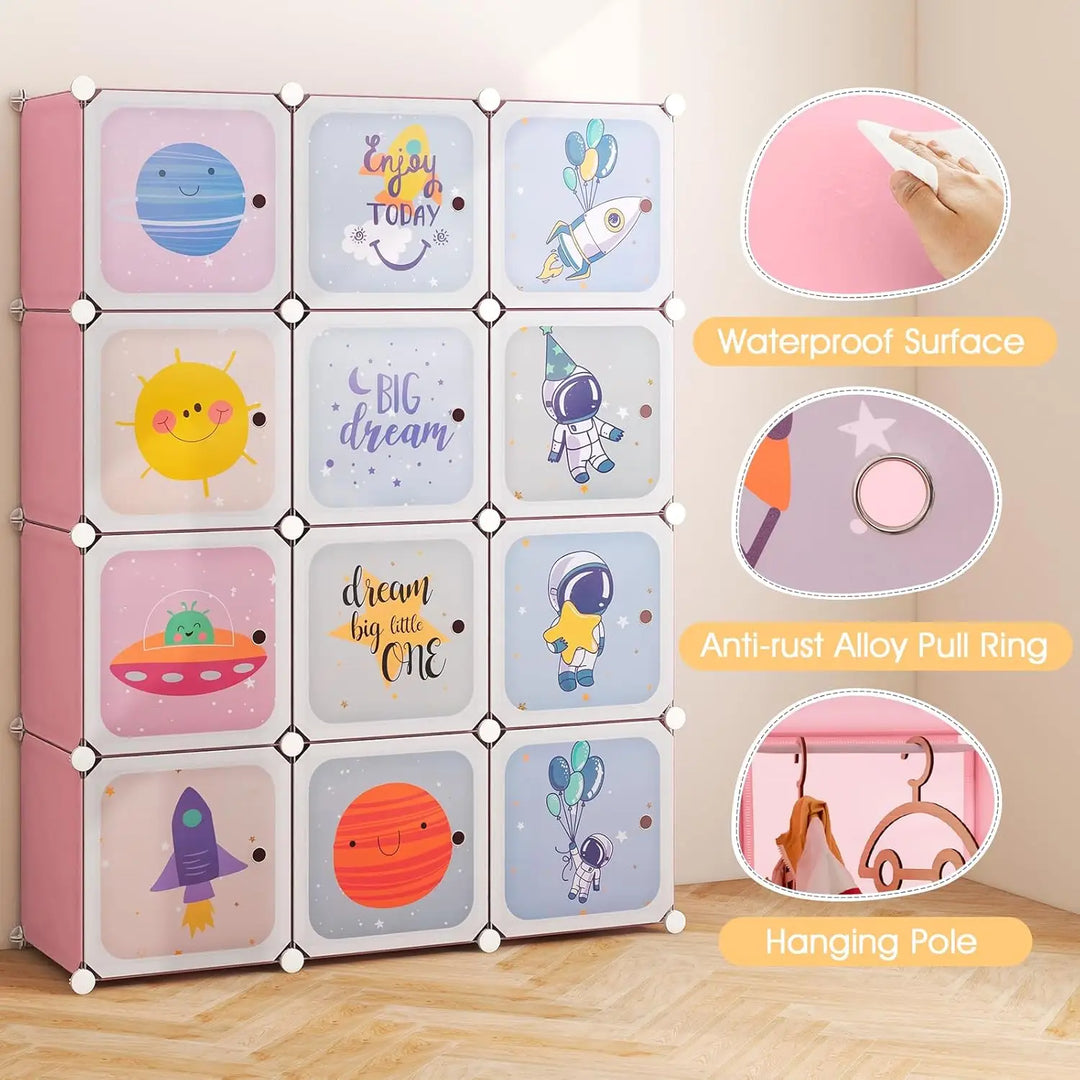 INFANS Children Wardrobe, Kid Closet Portable Baby Dresser Cute for Kids Bedroom Nursery Armoire with Doors 12 Cube 2 Hanging Sections, Kid Clothes Storage Organizer (Pink, 12 Cubes)-GCC Home Center