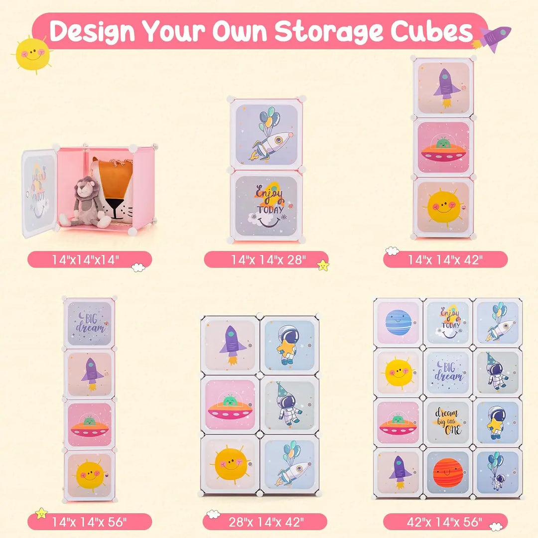 INFANS Children Wardrobe, Kid Closet Portable Baby Dresser Cute for Kids Bedroom Nursery Armoire with Doors 12 Cube 2 Hanging Sections, Kid Clothes Storage Organizer (Pink, 12 Cubes)-GCC Home Center