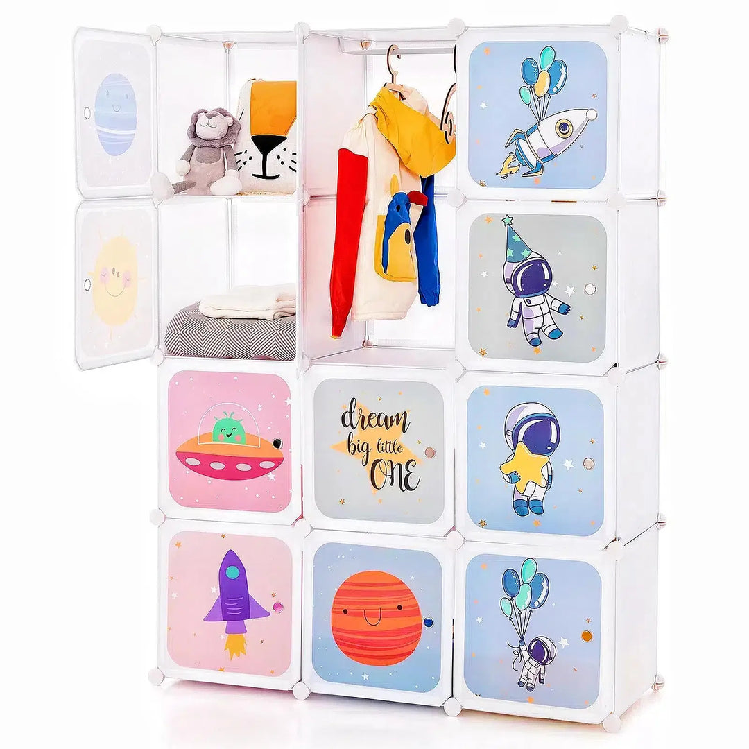 INFANS Children Wardrobe, Kid Closet Portable Baby Dresser Cute for Kids Bedroom Nursery Armoire with Doors 12 Cube 2 Hanging Sections, Kid Clothes Storage Organizer (Pink, 12 Cubes)-GCC Home Center