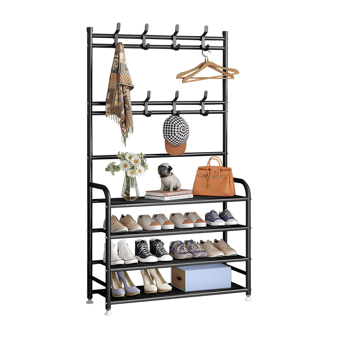 INFOSUN Shoe Rack, Shoes Cabinet Organizer, 4-Tier Shoe Storage with 3 Mesh Shelves, Multi-Function Organizer, Boots Storage Shelf Modern House Furniture Home for Entryway Hallway (Black, 4 Tier)