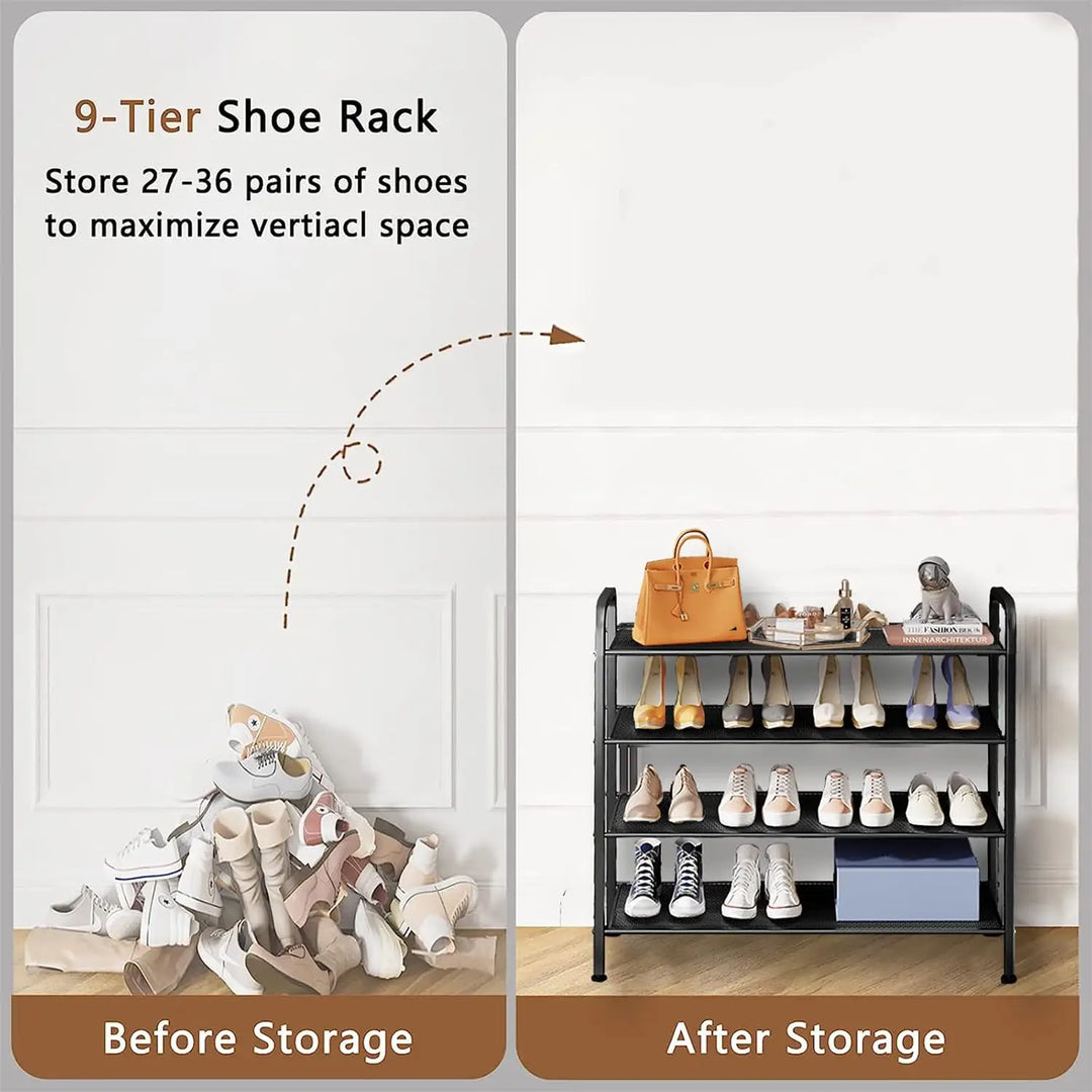 INFOSUN Shoe Rack, Shoes Cabinet Organizer, 4-Tier Shoe Storage with 3 Mesh Shelves, Multi-Function Organizer, Boots Storage Shelf Modern House Furniture Home for Entryway Hallway (Black, 4 Tier)