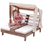 Load image into Gallery viewer, KidKraft Wooden Outdoor Double Chaise Lounge with Cup Holders, Kid's Patio Furniture, Honey Navy and White Striped Fabric, Gift for Ages 3-8