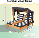 Load image into Gallery viewer, KidKraft Wooden Outdoor Double Chaise Lounge with Cup Holders, Kid's Patio Furniture, Honey Navy and White Striped Fabric, Gift for Ages 3-8