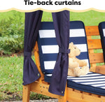 Load image into Gallery viewer, KidKraft Wooden Outdoor Double Chaise Lounge with Cup Holders, Kid's Patio Furniture, Honey Navy and White Striped Fabric, Gift for Ages 3-8