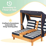 Load image into Gallery viewer, KidKraft Wooden Outdoor Double Chaise Lounge with Cup Holders, Kid's Patio Furniture, Honey Navy and White Striped Fabric, Gift for Ages 3-8