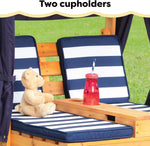 Load image into Gallery viewer, KidKraft Wooden Outdoor Double Chaise Lounge with Cup Holders, Kid's Patio Furniture, Honey Navy and White Striped Fabric, Gift for Ages 3-8