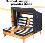 Load image into Gallery viewer, KidKraft Wooden Outdoor Double Chaise Lounge with Cup Holders, Kid's Patio Furniture, Honey Navy and White Striped Fabric, Gift for Ages 3-8