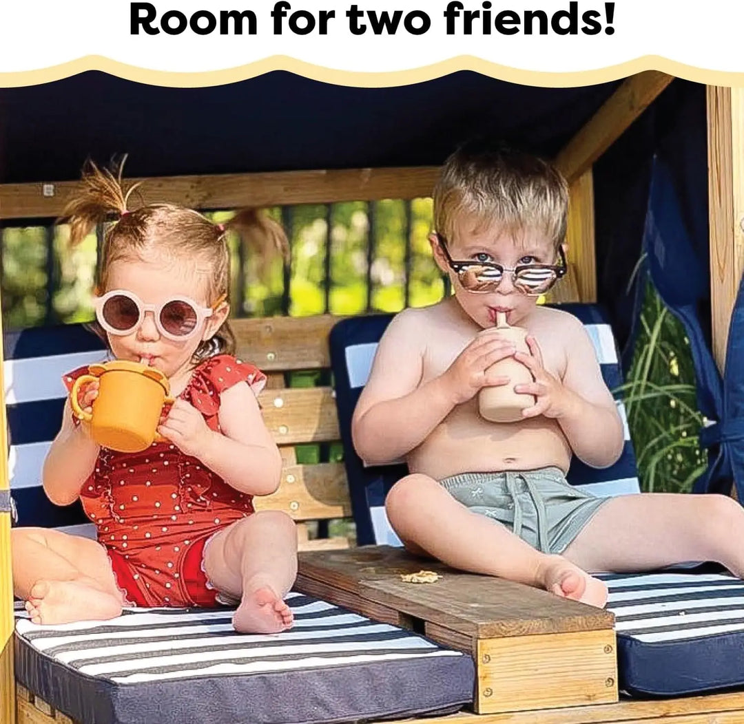 KidKraft Wooden Outdoor Double Chaise Lounge with Cup Holders, Kid's Patio Furniture, Honey Navy and White Striped Fabric, Gift for Ages 3-8