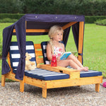 Load image into Gallery viewer, KidKraft Wooden Outdoor Double Chaise Lounge with Cup Holders, Kid's Patio Furniture, Honey Navy and White Striped Fabric, Gift for Ages 3-8