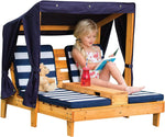 Load image into Gallery viewer, KidKraft Wooden Outdoor Double Chaise Lounge with Cup Holders, Kid's Patio Furniture, Honey Navy and White Striped Fabric, Gift for Ages 3-8