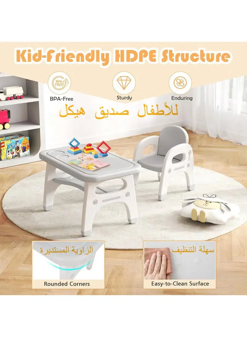 Kids Activity Table and Chair Set – Multifunctional Toddler Table with Ergonomic Chair & Storage, Grey