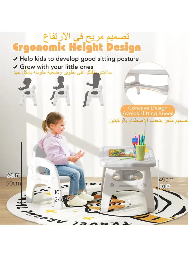 Kids Activity Table and Chair Set – Multifunctional Toddler Table with Ergonomic Chair & Storage, Grey