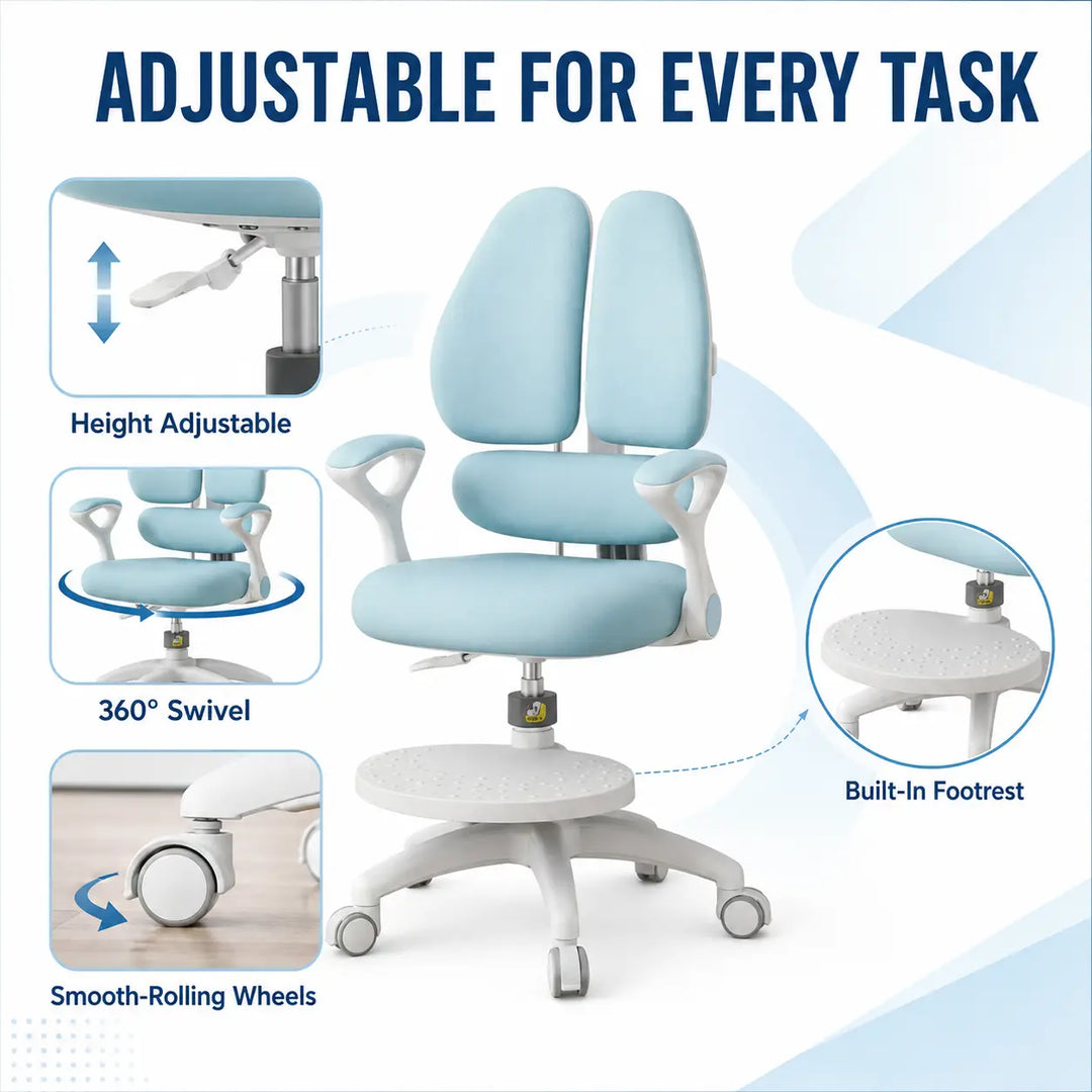 Kids Desk Chair with Armrests Footrest, Adjustable Height Study Chair with Arms & Wheels Ergonomic Student Swivel Rolling Task Chair for Boys Girls, Home Bedroom School, Blue