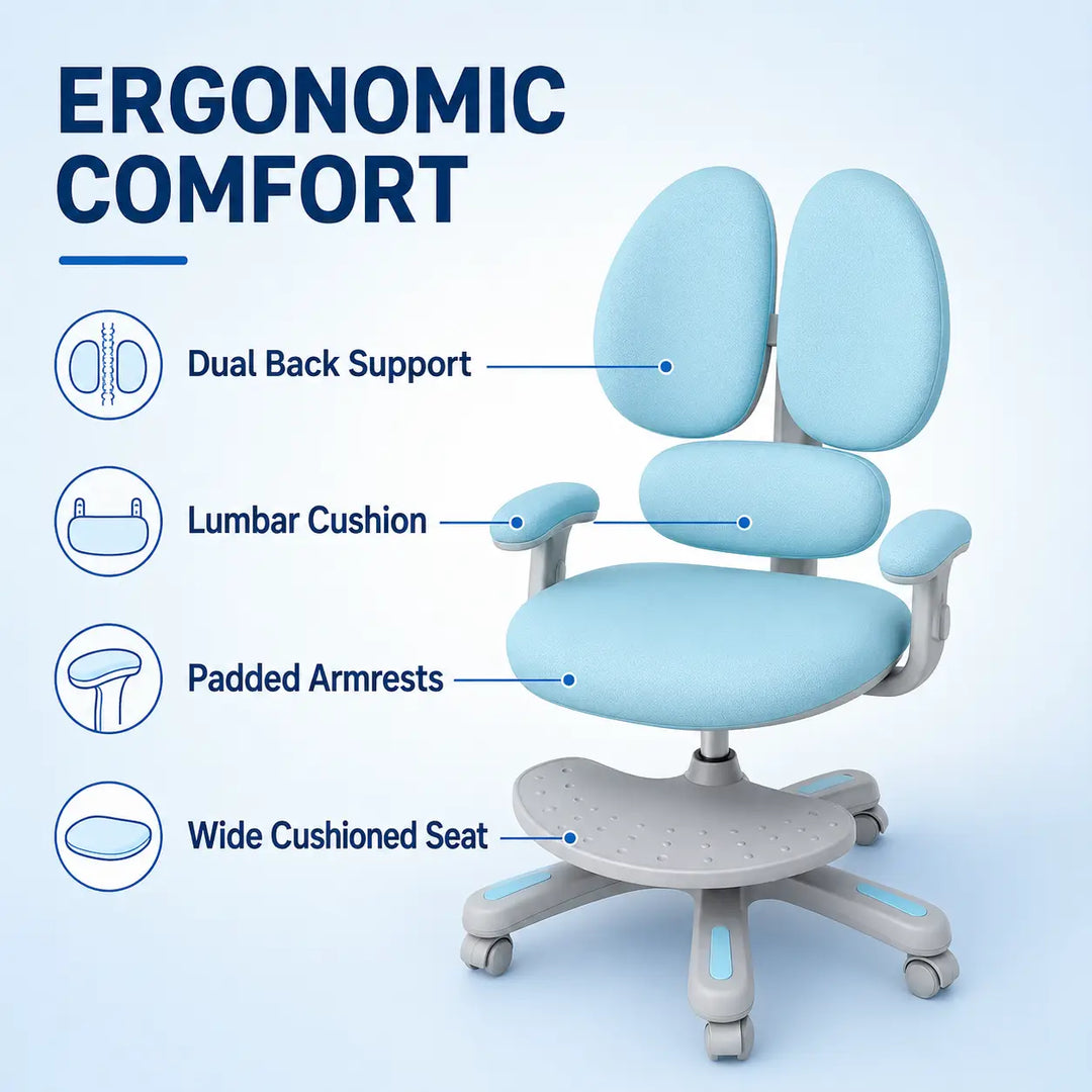Kids Desk Chair with Armrests Footrest, Adjustable Height Study Chair with Arms & Wheels Ergonomic Student Swivel Rolling Task Chair for Boys Girls, Home Bedroom School, Blue