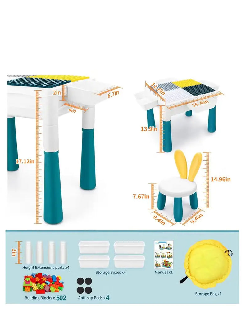 Kids Multi-Functional Building Block Table and 2 Chairs Set,Activity Table with 502 Pcs Building Blocks, Water/Sand/Play/Dinning Table for Toddlers