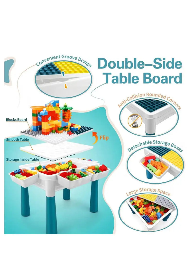 Kids Multi-Functional Building Block Table and 2 Chairs Set,Activity Table with 502 Pcs Building Blocks, Water/Sand/Play/Dinning Table for Toddlers