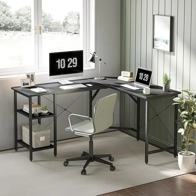 L Shaped Computer Desk, 150 cm Industrial Office Desk with Storage Shelves - Black