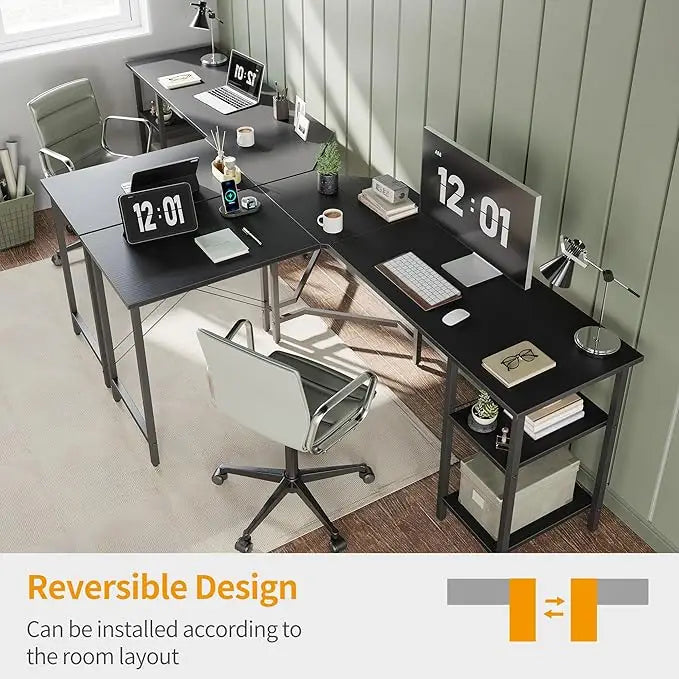L Shaped Computer Desk, 150 cm Industrial Office Desk with Storage Shelves - Black