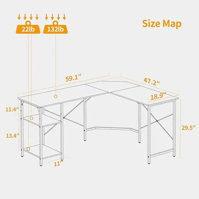 L Shaped Computer Desk, 150 cm Industrial Office Desk with Storage Shelves - Black