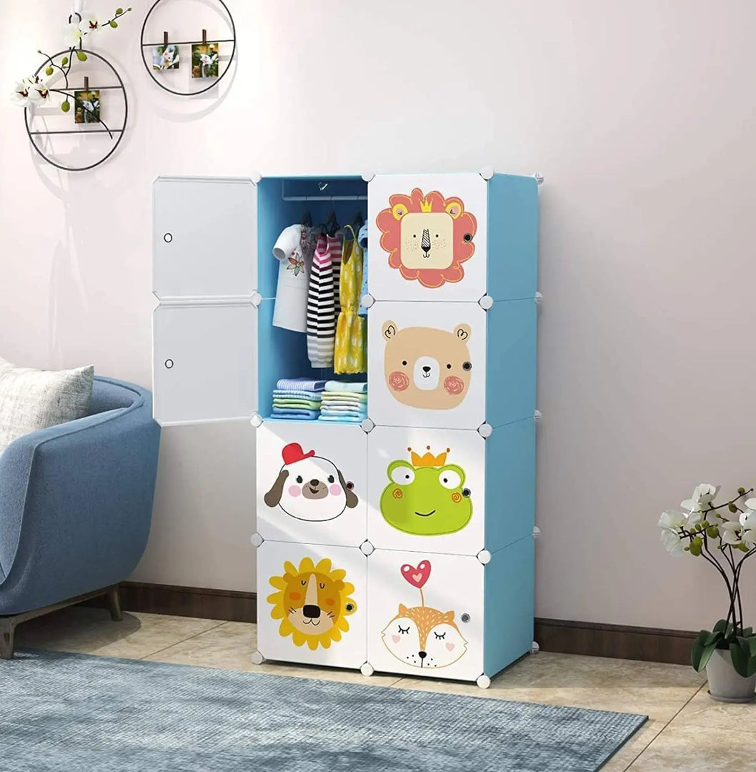 LACOSSI Wardrobe for Clothes, Kids Almirah for Clothes, Multi-Purpose Collapsible Wardrobe for Kids Clothes/Toys/Books, Baby Cupboard for Clothes Storage in (Kids Blue, 8-Door)-GCC Home Center