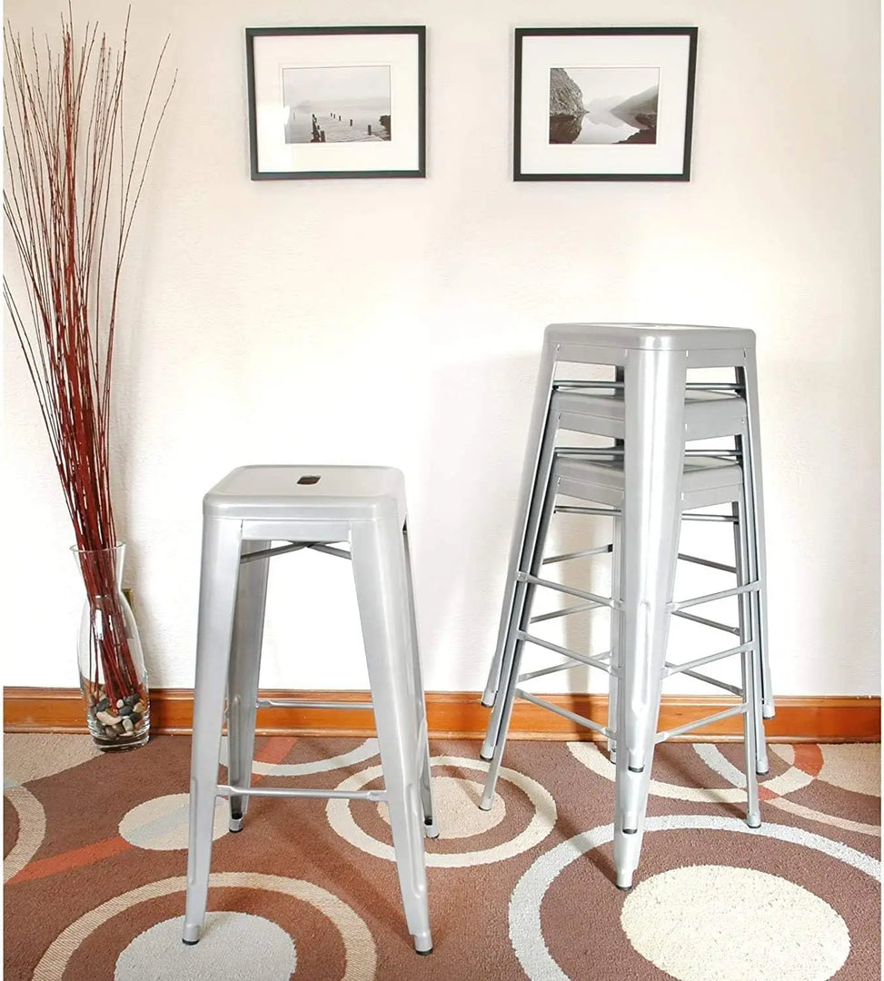 LANNY Furniture 75cm Height Antique Tolix Metal Stackable Barstools D7 Indoor-Outdoor High Chair with Square Seat for Counter Courtyard Kitchen Dining Room Restaurant Bar shop Eating (silver)-GCC Home Center