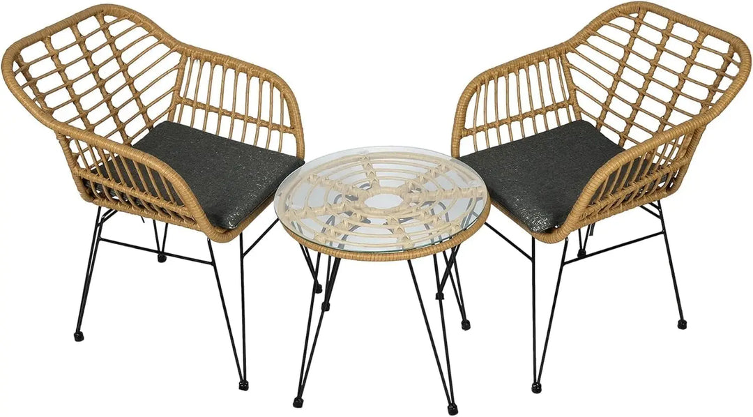 LANNY Set of 3 Pieces Patio Chairs Bundle with Glass Table Outdoor Wicker Bistro Set Modern Porch Lawn Chairs with Coffee Table for Home and Balcony GT01-GCC Home Center