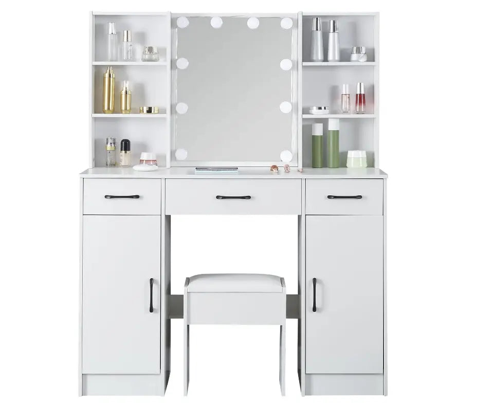 Large Vanity Desk with Lighted Mirror, Modern Vanity Set with 3 Drawers and 2 Storage Shelves-GCC Home Center