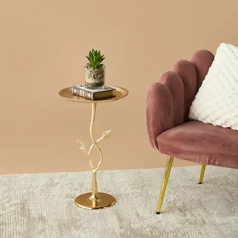 Leaf Mango Wood Pedestal Table – 33x57 cm | Classic Round Metal Top Accent Table