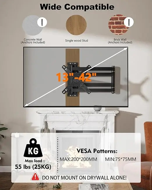 Long Arm Corner TV Monitor Wall Mount with 40.78" Extension for Most 13-43inch TVs Monitors, Full Motion Articulating Triple Arm Foldable, Max VESA 200x200mm, Vertical TV Mount