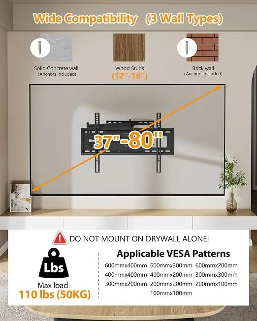 Long Arm TV Mount Full Motion TV Bracket with 42 inch Long Extension Articulating TV Wall Mount for 37 to 80 Inch Flat/Curve TVs, VESA 600x400mm Compatible, Holds up to 100 lbs | Extra Long Arm Extendable TV Mount